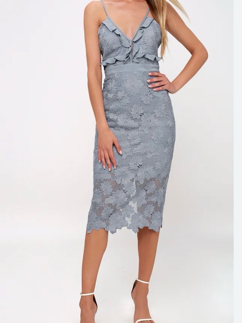 Lulus Bardot Vienna Dusty Blue Lace Midi Dress Size Small
